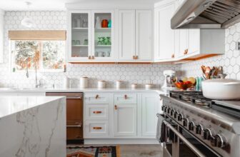 A well-organized kitchen workspace with ergonomic tools and setups to promote comfort while cooking.